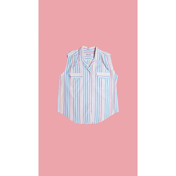 1970s-1980s HUNTERS GLEN White RAINBOW Striped Button Up Tank Top W/Pockets. L - Picture 1 of 10